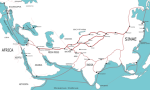 Trading routes used around the 1st century CE were centered on the Silk Road.