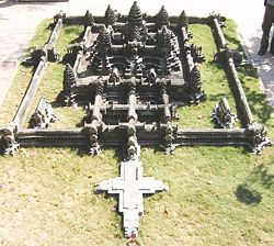 This model of Angkor Wat is designed to give tourists an overview of the site. In the foreground is depicted the cruciform terrace which lies in front of the central structure.