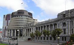 New Zealand government "Beehive" and the Parliament Buildings, in Wellington.