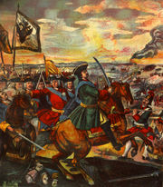 Peter the Great leading the Russian army in the Battle of Poltava
