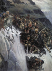 Russian troops under Generalissimo Suvorov crossing the Alps in 1799