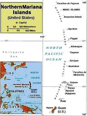 Northern Mariana Islands: map shows longitudinal arc of island chain, from Guam up past the Maug Islands.
