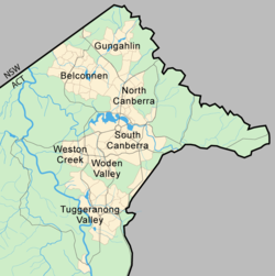 The location of Canberra within the ACT, Canberra's seven districts are shown in yellow, they are North Canberra, South Canberra, Woden Valley, Belconnen, Weston Creek, Tuggeranong, and Gungahlin
