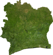 Satellite image of Côte d'Ivoire, generated from raster graphics data supplied by The Map Library