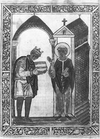 A page from a copy of Bede's Lives of St. Cuthbert, showing King Athelstan presenting the work to the saint.  This manuscript was given to St. Cuthbert's shrine in 934.