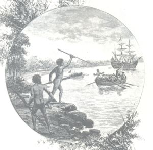 A 19th century engraving showing Australian "natives" opposing the arrival of Captain James Cook in 1770.