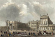 The palace c.1837, depicting the Marble Arch, which served as the ceremonial entrance to the Palace precincts. It was moved to make way for the east wing, built in 1847, which enclosed the quadrangle.