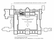 Piano nobile of Buckingham Palace. A: State Dining Room; B:Blue Drawing Room; C:Music Room; D:White Drawing Room; E:Royal Closet; F:Throne Room; G:Green drawing Room; H:Cross Gallery; J:Ball Room; K:East Gallery; L:Yellow Drawing Room; M:Centre/Balcony Room; N:Chinese Luncheon Room; O:Principal Corridor; P:Private Apartments; Q:Service Areas; W:The Grand staircase. On the ground floor: R:Ambassador's Entrance; T: Grand Entrance. The areas defined by shaded walls represent lower minor wings. Note: This is an unscaled sketch plan for reference only. Proportions of some rooms may slightly differ in reality.