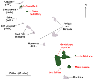 In green (with red legend) are the former constituent parts of the Guadeloupe region/department among the Leeward Islands . On February 22, 2007, Saint-Martin and Saint-Barthélemy seceded from Guadeloupe to become autonomous French regions. Marie-Galante, La Désirade, and Les Saintes are still part of the Guadeloupe region/department.