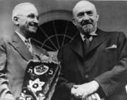 Chaim Weizmann, the first President of Israel, presenting U.S. President Harry S. Truman with a Torah scroll in 1948