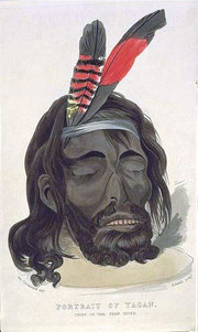 Portrait of Yagan by George Cruikshank.This portrait was painted from observations of Yagan's severed head, which had shrunk substantially during smoking. According to George Fletcher Moore, it bears little resemblance to the living face of Yagan, which was "plump, with a burly-headed look about it."