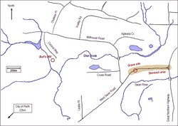 Map of skirmish area showing gravesite and Henry Bull's mill