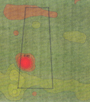 A horizontal colour contour map of ground conductivity of Yagan's grave site, showing an anomaly in the electromagnetic signature caused by metal artifacts buried with Yagan's head.