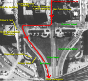 The route taken by the motorcade within Dealey Plaza (north is toward the almost direct-left)