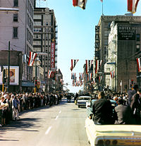 President Kennedy's motorcade on Main Street in Dallas, seen from the second camera car