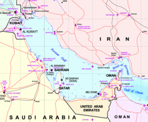 Map of the Persian Gulf. The Gulf of Oman leads to the Arabian Sea. Detail from larger map of the Middle East.