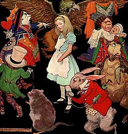 Peter Newell's illustration of Alice surrounded by the characters of Wonderland. (1890)