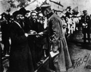 Dęblin's Jews present Marshal Piłsudski with traditional bread and salt on the town's 1920 liberation from the Bolsheviks