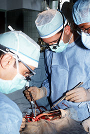 A cardiothoracic surgeon performs a mitral valve replacement at the Fitzsimons Army Medical Center.