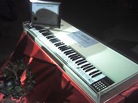 A Fairlight CMI keyboard, featuring signatures from 43 celebrity musicians, composers and producers.