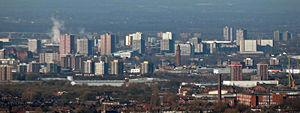 Salford's cityscape from Hartshead Pike.