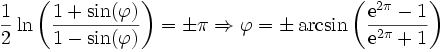 \frac{1}{2} \ln\bigg(\frac{1+\sin(\varphi)}{1-\sin(\varphi)}\bigg) = \pm\pi \Rightarrow \varphi = \pm\arcsin\bigg(\frac{\mathrm{e}^{2 \pi}-1}{\mathrm{e}^{2 \pi}+1}\bigg)