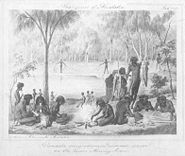 An illustration from the 1850s of Australian Aboriginal hunter gatherers. Children in the background are playing a football game, possibly Marn Grook.
