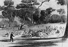An Australian rules football match at the Richmond Paddock, Melbourne, in 1866. (A wood engraving by Robert Bruce.)