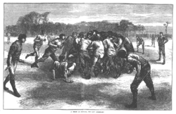 A rugby scrum in 1871.