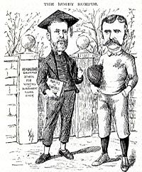 An English cartoon from the 1890s lampooning the divide in rugby football which led to the formation of rugby league. The caricatures are of Rev. Frank Marshall, an arch-opponent of player payments, and James Miller, a long-time opponent of Marshall. The caption reads: Marshall: "Oh, fie, go away naughty boy, I don't play with boys who can’t afford to take a holiday for football any day they like!" Miller: "Yes, that’s just you to a T; you’d make it so that no lad whose father wasn’t a millionaire could play at all in a really good team. For my part I see no reason why the men who make the money shouldn’t have a share in the spending of it."