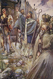 An early 20th century depiction of Columba's miracle at the gate of King Bridei's fortress, described in Adomnán's late 7th century Vita Columbae.