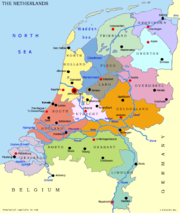 Map of the Netherlands, linking to the province pages; the red dots mark the capitals of the provinces and the black dots other notable cities or towns.