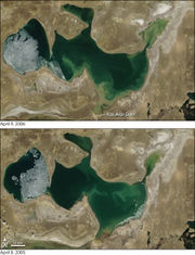 Comparison of the North Aral Sea before (below) and after (above) the construction of Dike Kokaral completed in 2005