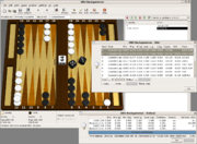 A screen shot of GNU Backgammon, showing an evaluation and rollout of possible moves
