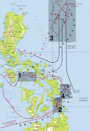 The four main actions in the battle of Leyte Gulf. 1 Battle of the Sibuyan Sea 2 Battle of Surigao Strait 3 Battle of (or 'off') Cape Engaño 4 Battle off Samar