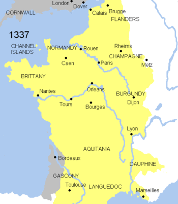 Hundred Years' War evolution. French territory: yellow; English: grey; Burgundian: dark grey.