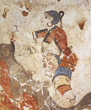 A detail of the "Saffron Gatherers" fresco from the "Xeste 3" building. The fresco is one of many dealing with saffron that were found at the bronze age settlement of Akrotiri, Santorini.