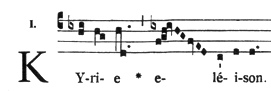 The Liber usualis uses square notation, as in this excerpt from the Kyrie eleison (Orbis factor).
