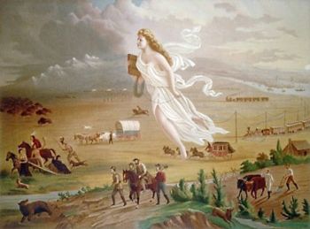 This painting (circa 1872) by John Gast called American Progress, is an allegorical representation of Manifest Destiny. Here Columbia, intended as a personification of the United States, leads civilization westward with American settlers, stringing telegraph wire as she travels; she holds a school book. The different economic activities of the pioneers are highlighted and, especially, the changing forms of transportation. The Indians and wild animals flee.