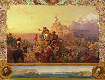 American westward expansion is idealized in Emanuel Leutze's famous painting Westward the Course of Empire Takes its Way (1861). The title of the painting, from a 1726 poem by Bishop Berkeley, was a phrase often quoted in the era of Manifest Destiny, expressing a widely held belief that civilization had steadily moved westward throughout history. (more)