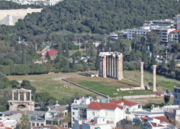 View of the Temple of Olympian Zeus (upper right) and the Arch of Hadrian (lower left) from the Acropolis of Athens.
