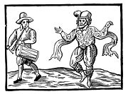 Illustration of William Kempe morris dancing from London to Norfolk in 1600