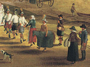 Morris dancers and a hobby horse: detail of Thames at Richmond, with the Old Royal Palace, c.1620