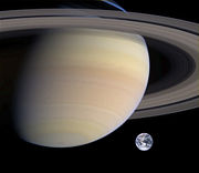 A rough comparison of the sizes of Saturn and Earth.