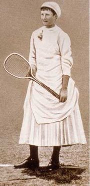 Lottie Dod, here shown at age 14, debuted in tennis at age 11 and won her first Wimbledon title when she was 15. The press dubbed her the "Little Wonder".
