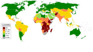 Percentage of population affected by malnutrition by country, according to United Nations statistics.