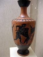 Heracles and the Nemean lion. Black-figure lekythos worked by the Painter of Athens 581, ca. 500 BC. Museum of Cycladic Art in Athens.