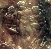 Heracles and Iolaus, with Eros between them.4th c. BCE Etruscan ritual vessel