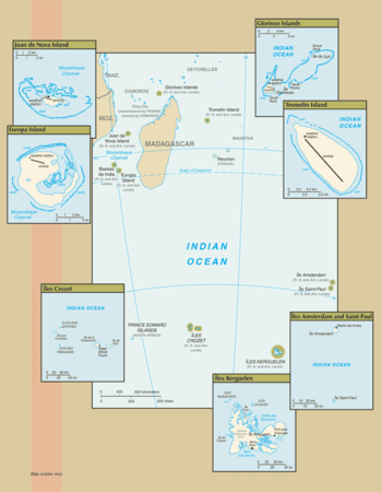 Map of the French Southern and Antarctic Lands.Adélie Land or Bassas da India (in the Îles Éparses district) are not shown