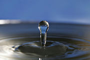 Impact from a water drop causes an upward "rebound" jet surrounded by circular capillary waves.